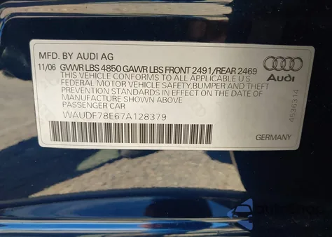 2007 Audi A4 2.0T из США, поврежденный, VIN WAUDF78E67A128379